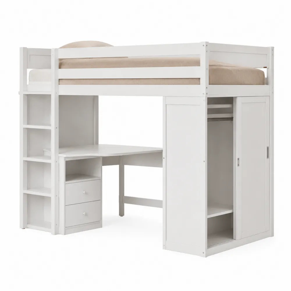 Struttura letto a soppalco in truciolare e MDF bianco 245 x 95 x 180 cm con scrivania armadio scala con ripiani e sponde di protezione