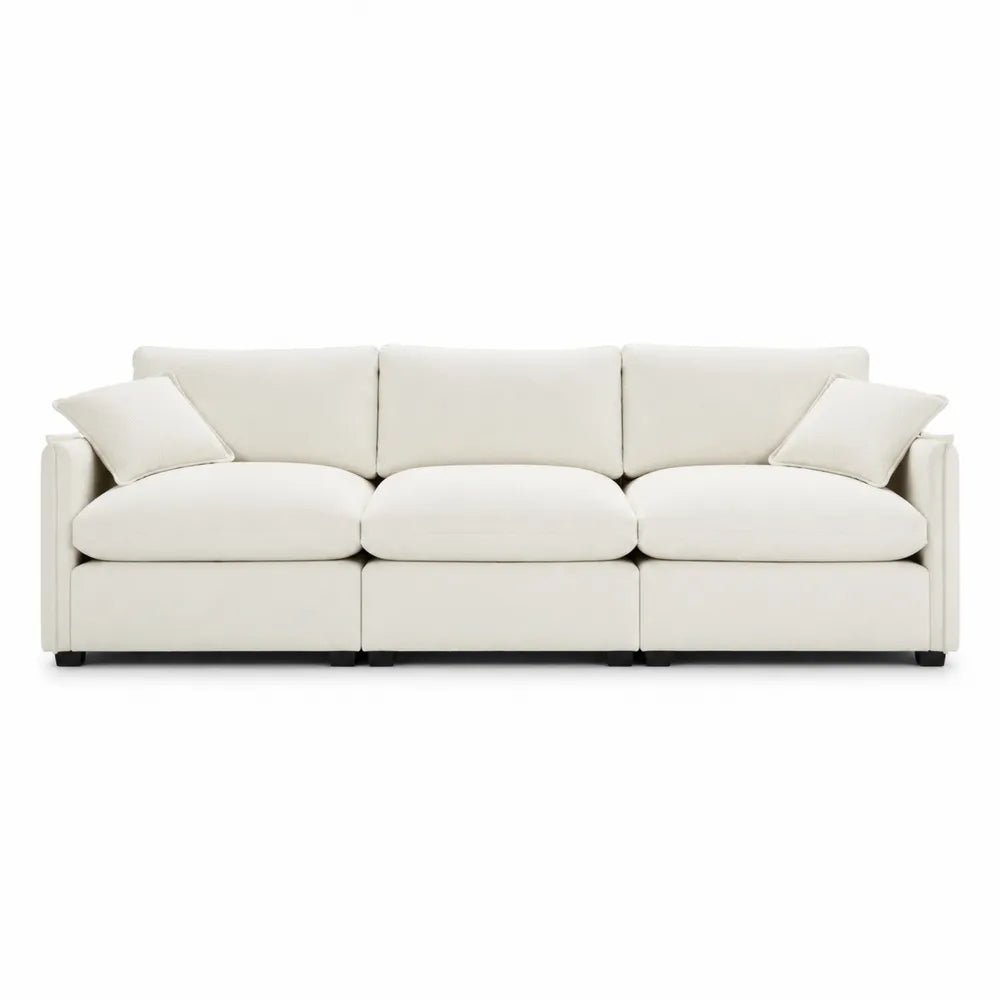 Divano 3 posti imbottito in tessuto poliestere beige chiaro con struttura in legno e piedini neri 220 x 95 x 85 cm