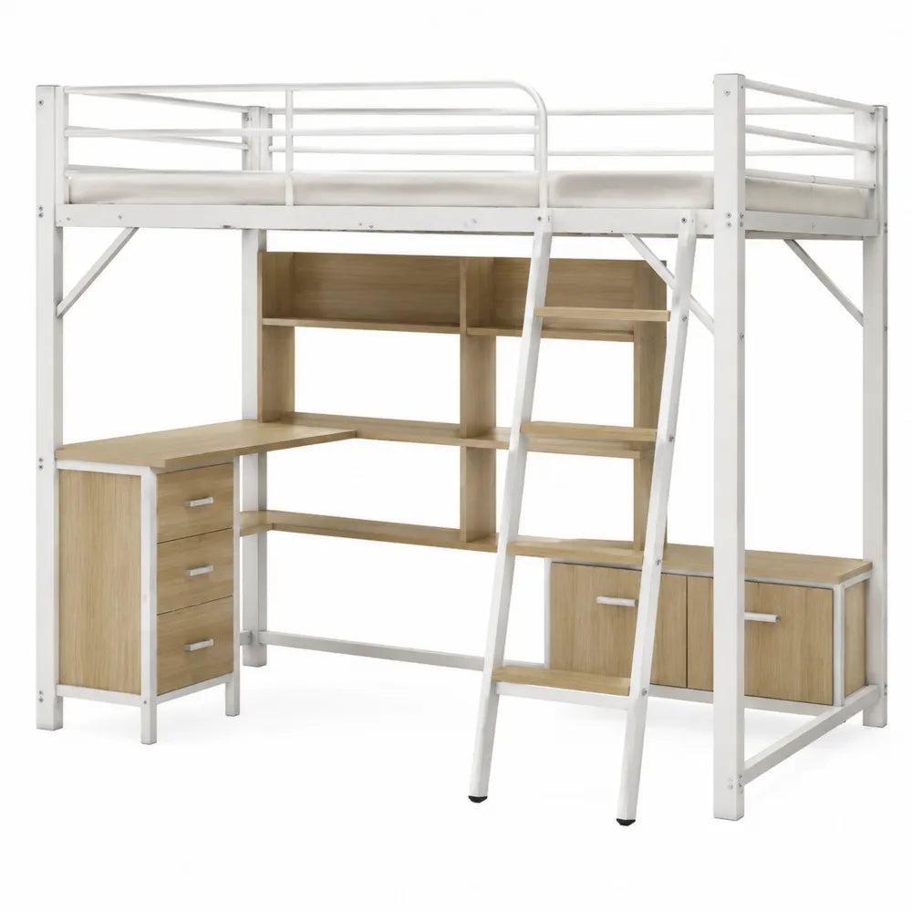 Letto a soppalco con scrivania armadio e libreria struttura in acciaio bianco e legno rovere naturale 245 x 100 x 180 cm