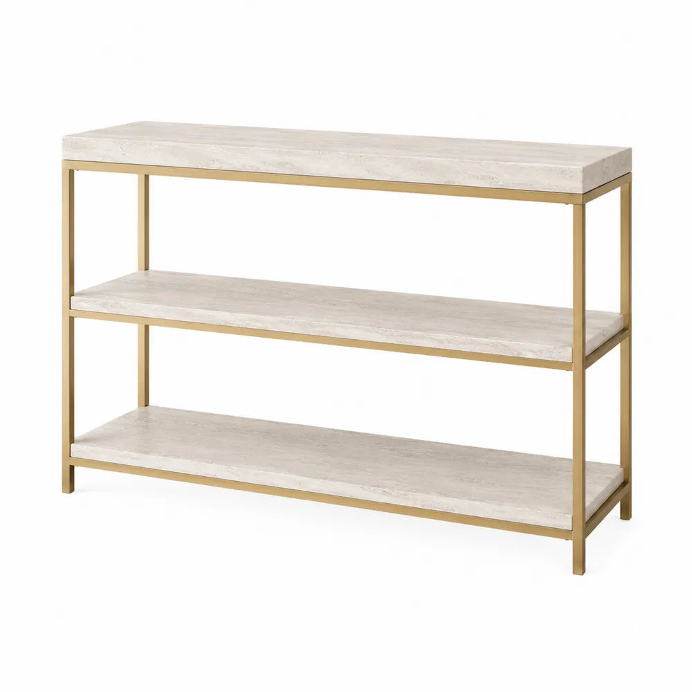 Tavolo consolle rettangolare a tre ripiani in MDF effetto marmo bianco struttura in acciaio verniciato oro satinato 120 cm x 30 cm x 80 cm