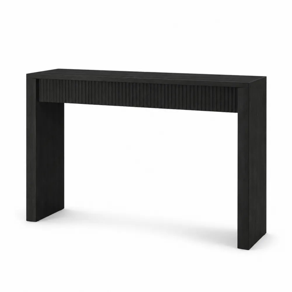 Tavolo consolle rettangolare in MDF nero opaco con frontale scanalato e struttura a portale 120 cm x 35 cm x 80 cm