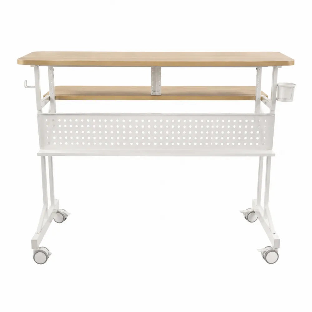 Scrivania mobile regolabile in altezza con ruote piano rettangolare in MDF effetto rovere struttura in acciaio bianco 120 x 60 x 90 cm