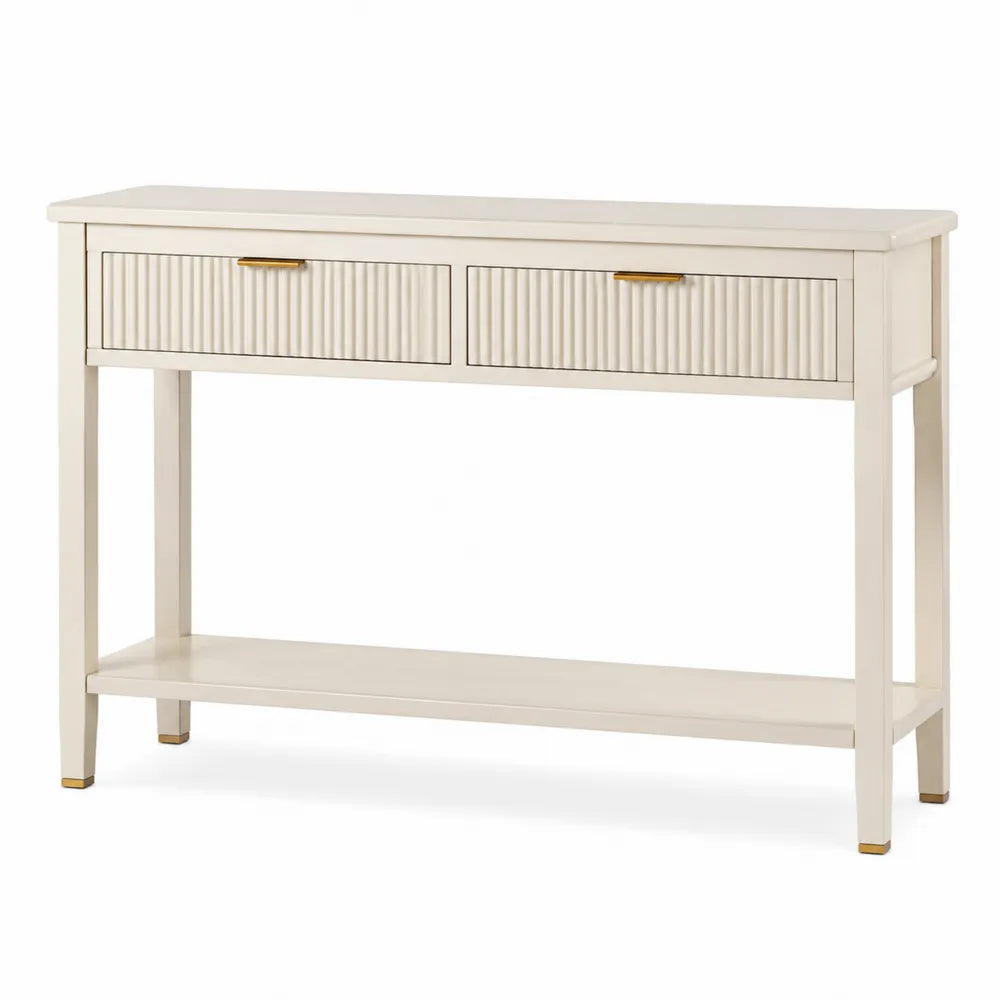 Tavolo consolle rettangolare in MDF finitura avorio con 2 cassetti scanalati ripiano inferiore e maniglie oro 120 cm x 35 cm x 80 cm