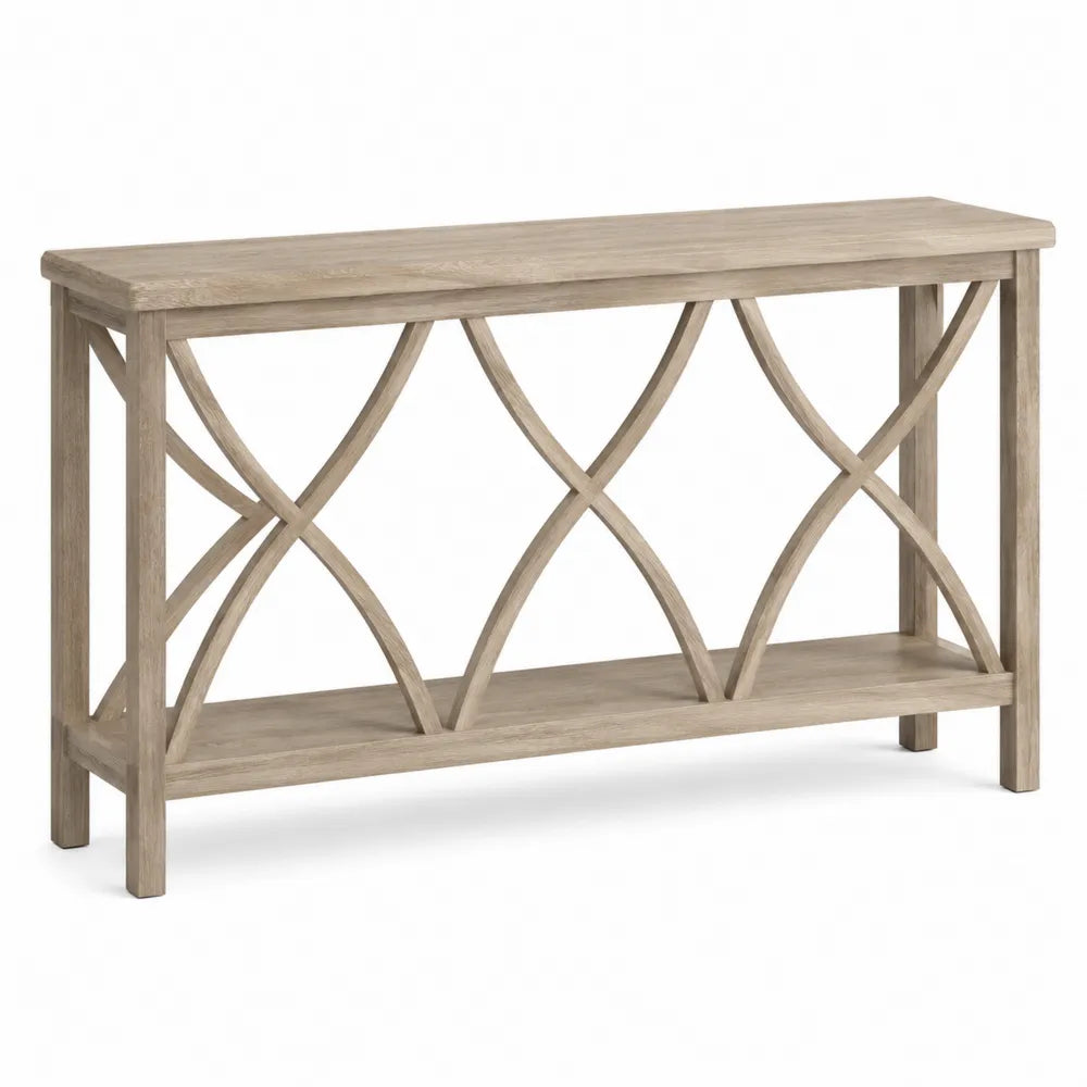 Tavolo consolle rettangolare in legno MDF effetto rovere chiaro struttura decorativa incrociata 120 cm x 35 cm x 80 cm