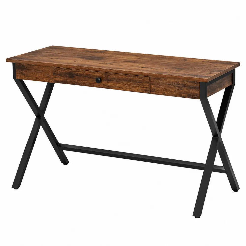 Scrivania rettangolare con cassetto in pannello truciolare effetto legno marrone e struttura in acciaio nero 120 x 60 x 75 cm