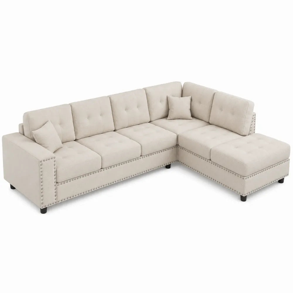Divano angolare con chaise longue a destra in tessuto poliestere beige chiaro con trapuntatura e gambe nere 260 x 160 x 85 cm