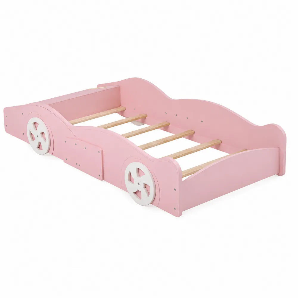 Struttura letto per bambini a forma di auto in MDF rosa 190 x 90 x 55 cm con sponde di sicurezza ruote bianche e doghe in legno