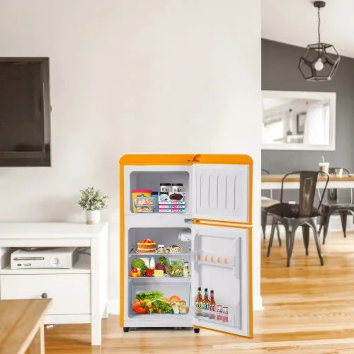 Frigorifero retrò; congelatore; doppia porta; volume totale 60L; vano 22L; luce LED; efficiente energetico; giallo antico
