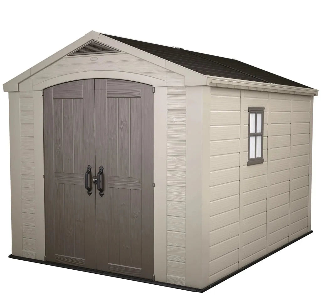 Casetta da giardino con mensole 256,5x331,5x243 cm factor 8x11 in polipropilene rinforzato beige