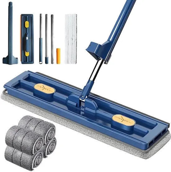 Mop pavimenti grandi, 360° rotativo, facile da svuotare, a microfibra, per uso domestico, incluso 4 pannelli di, blu