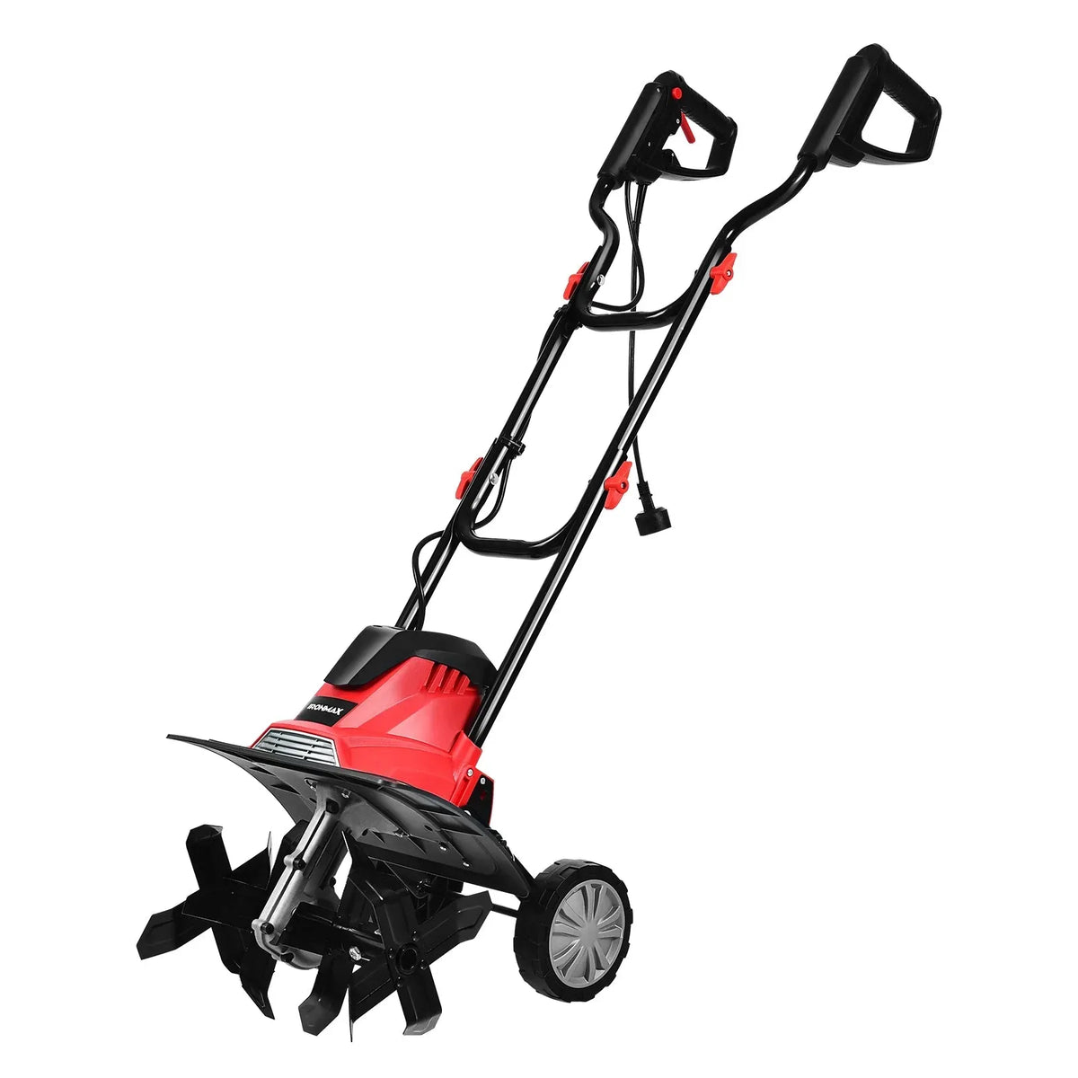 Dissodatore elettrico e coltivatore mini con maniglia pieghevole e ruote regolabili-rosso e nero-attrezzi da giardino