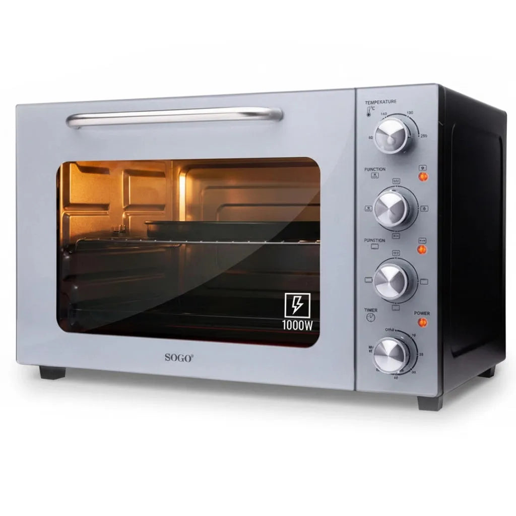 Forno elettrico modello 90-230, 6 funzioni, termostato regolabile °c, porta doppio vetro, convezione 58L 2000 W con girarrosto, acciaio inossidabile
