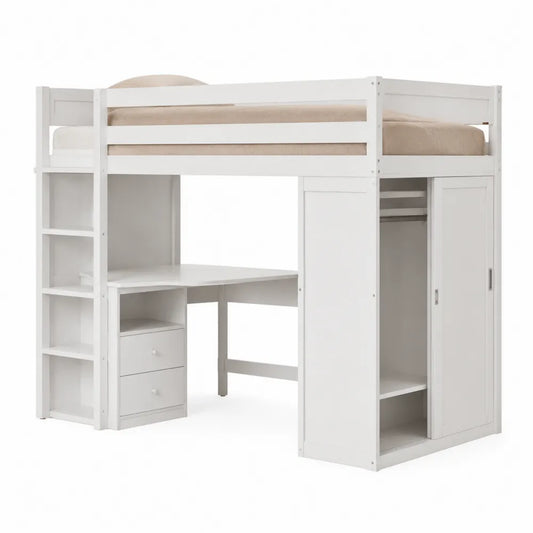 Struttura letto a soppalco in truciolare e MDF bianco 245 x 95 x 180 cm con scrivania armadio scala con ripiani e sponde di protezione