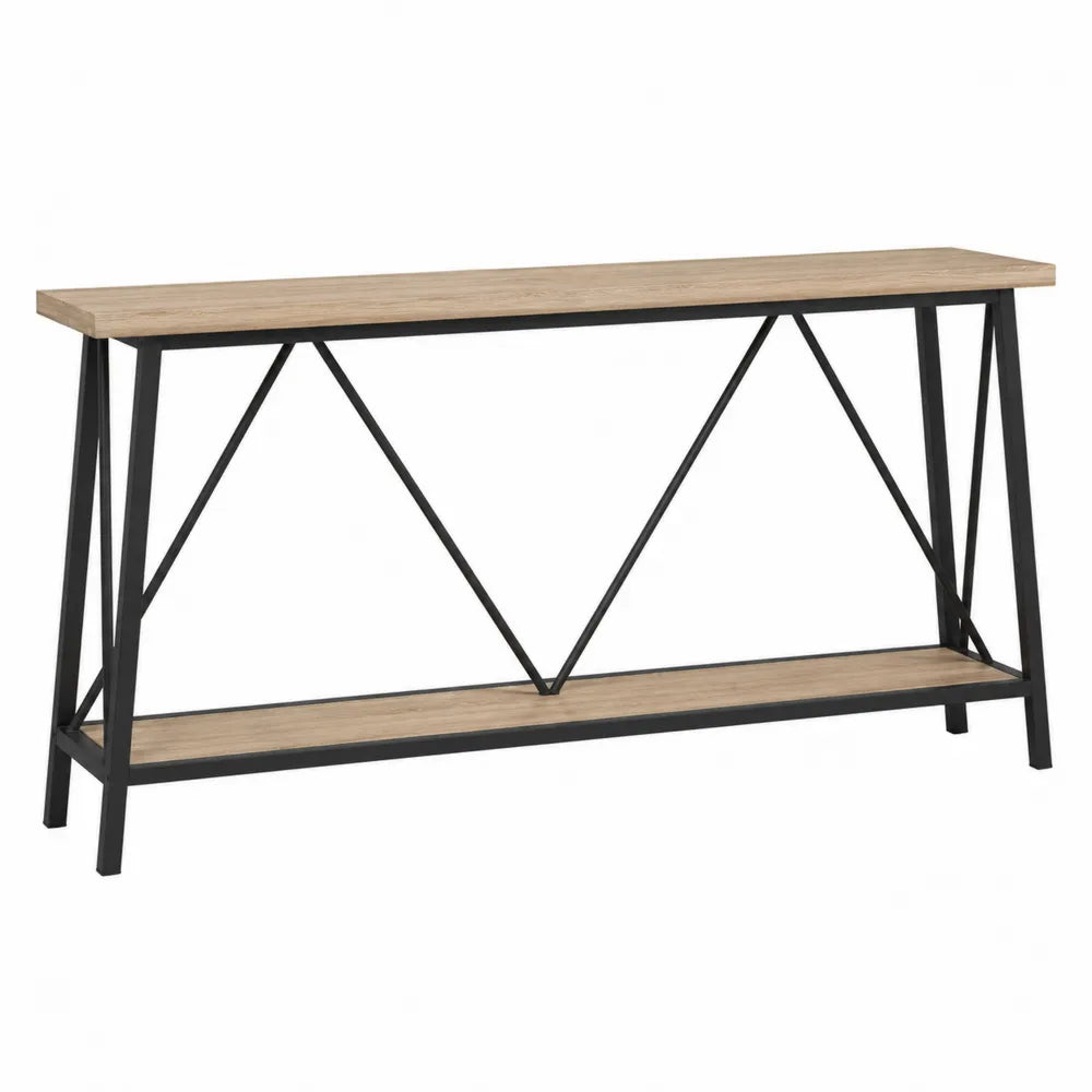 Tavolo consolle rettangolare in acciaio verniciato nero con piano e ripiano effetto rovere naturale 140 cm x 35 cm x 80 cm