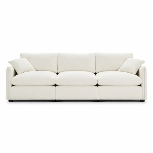 Divano 3 posti imbottito in tessuto poliestere beige chiaro con struttura in legno e piedini neri 220 x 95 x 85 cm