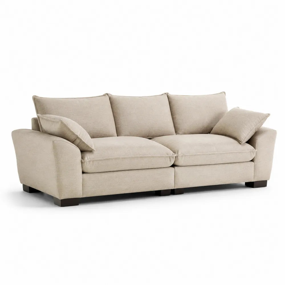 Divano 3 posti imbottito in tessuto poliestere beige con struttura in legno e piedini neri 210 x 90 x 85 cm