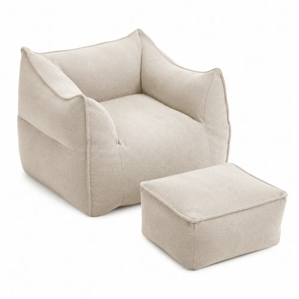 Poltrona imbottita con pouf in tessuto poliestere beige con cuscini rimovibili 95 x 95 x 80 cm e 65 x 55 x 40 cm