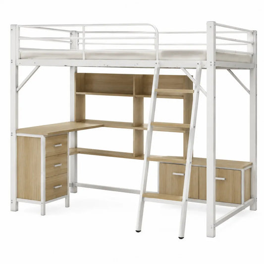 Letto a soppalco con scrivania armadio e libreria struttura in acciaio bianco e legno rovere naturale 245 x 100 x 180 cm
