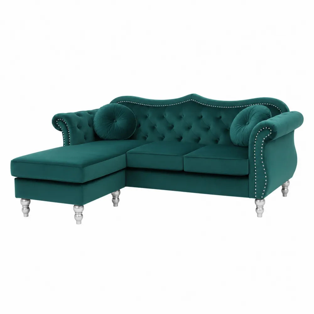 Divano angolare 3 posti con chaise longue sinistra in velluto poliestere verde petrolio con gambe argentate 260 x 160 x 85 cm