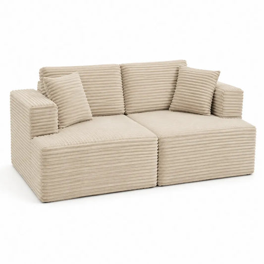 Divano 2 posti modulare imbottito in tessuto poliestere a coste beige con cuscini rimovibili 210 x 95 x 85 cm