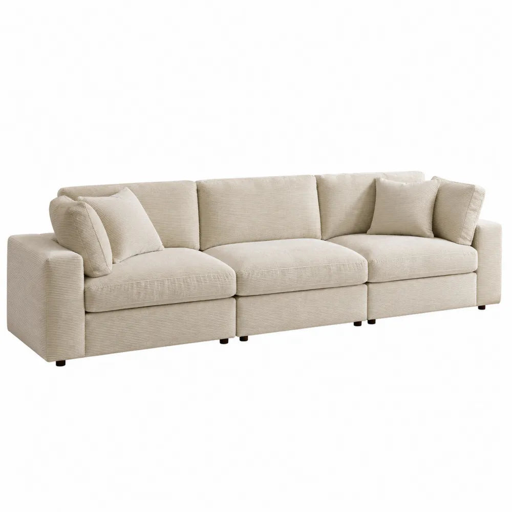 Divano 3 posti modulare imbottito in velluto a coste poliestere beige con cuscini rimovibili e piedini neri 220 x 95 x 85 cm