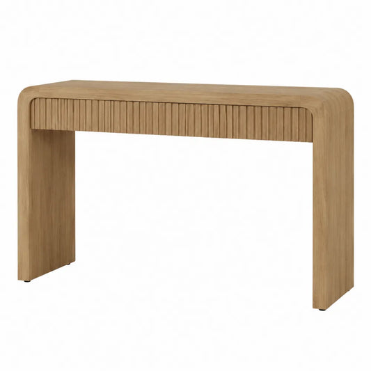 Tavolo consolle rettangolare MDF impiallacciato rovere naturale chiaro struttura curva pannello frontale a doghe 120 cm x 35 cm x 80 cm