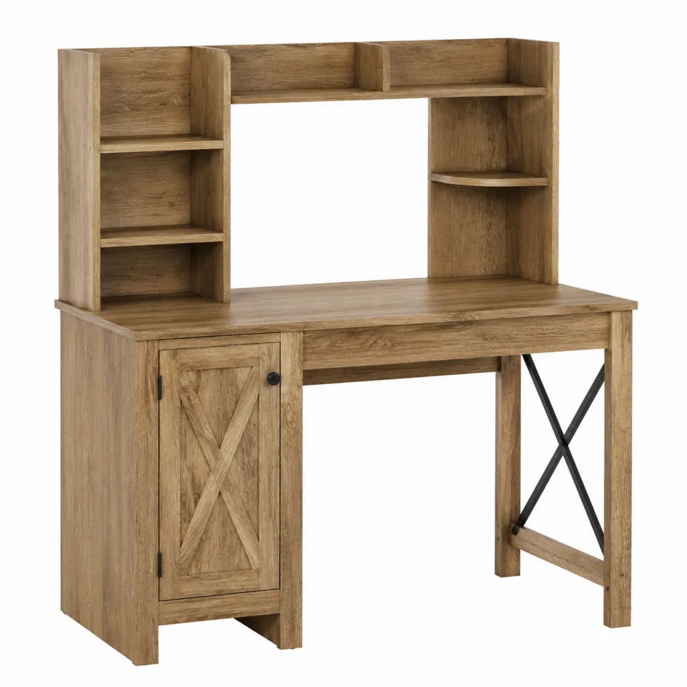 Scrivania con libreria integrata in MDF effetto legno naturale e acciaio nero 120 x 60 x 180 cm con armadietto e ripiani aperti