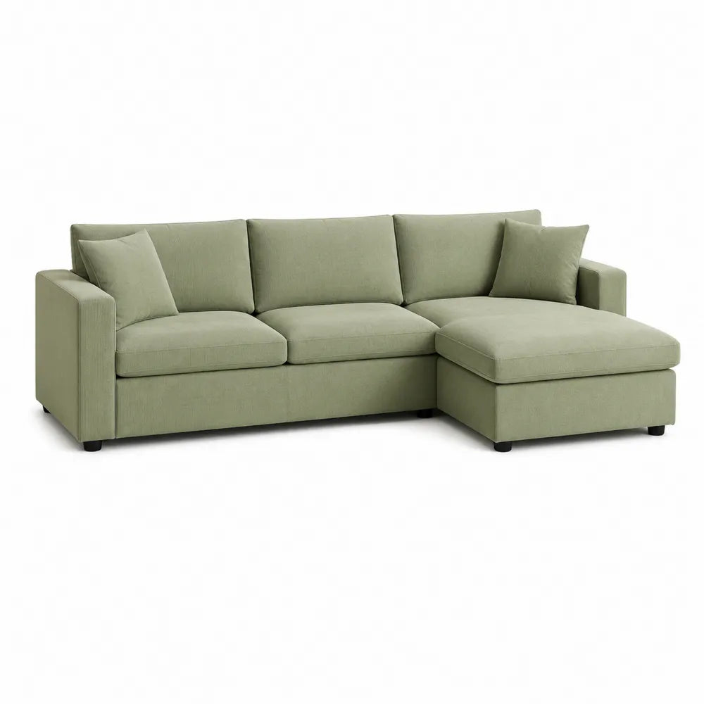 Divano angolare con chaise longue a destra in tessuto poliestere verde salvia con struttura in legno multistrato e gambe nere 260 x 160 x 85 cm