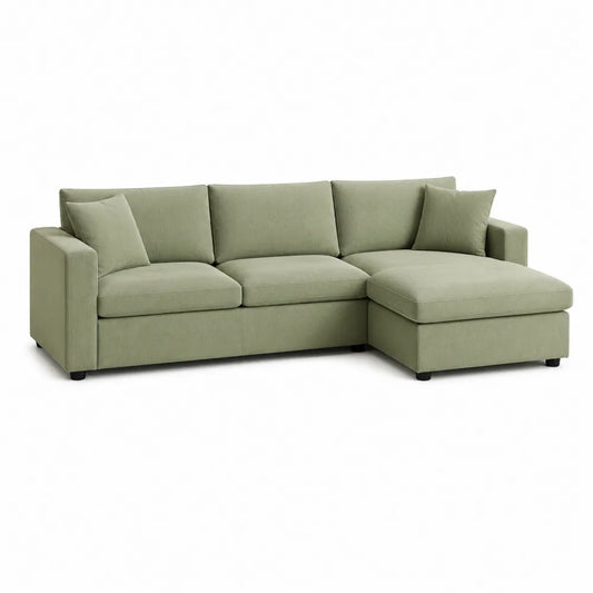 Divano angolare con chaise longue a destra in tessuto poliestere verde salvia con struttura in legno multistrato e gambe nere 260 x 160 x 85 cm