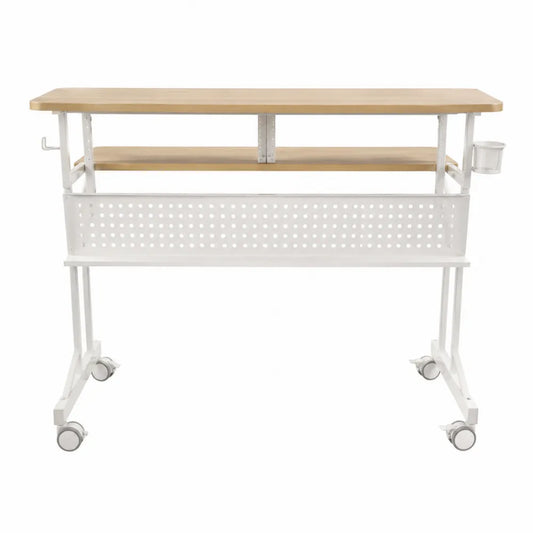 Scrivania mobile regolabile in altezza con ruote piano rettangolare in MDF effetto rovere struttura in acciaio bianco 120 x 60 x 90 cm