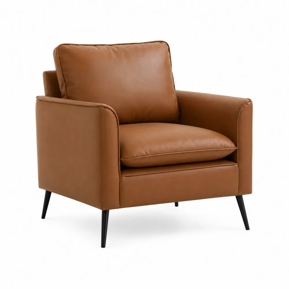 Poltrona singola imbottita in pelle PU marrone con braccioli e gambe in metallo nero 75 x 70 x 80 cm