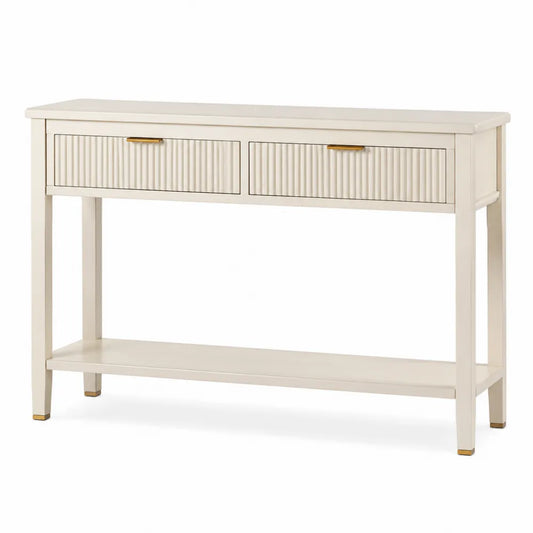 Tavolo consolle rettangolare in MDF finitura avorio con 2 cassetti scanalati ripiano inferiore e maniglie oro 120 cm x 35 cm x 80 cm