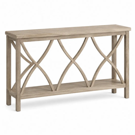 Tavolo consolle rettangolare in legno MDF effetto rovere chiaro struttura decorativa incrociata 120 cm x 35 cm x 80 cm