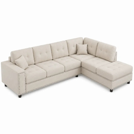 Divano angolare con chaise longue a destra in tessuto poliestere beige chiaro con trapuntatura e gambe nere 260 x 160 x 85 cm