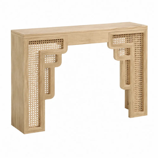 Tavolo consolle rettangolare in MDF effetto rovere chiaro con inserti in rattan naturale struttura decorativa laterale 120 cm x 35 cm x 80 cm
