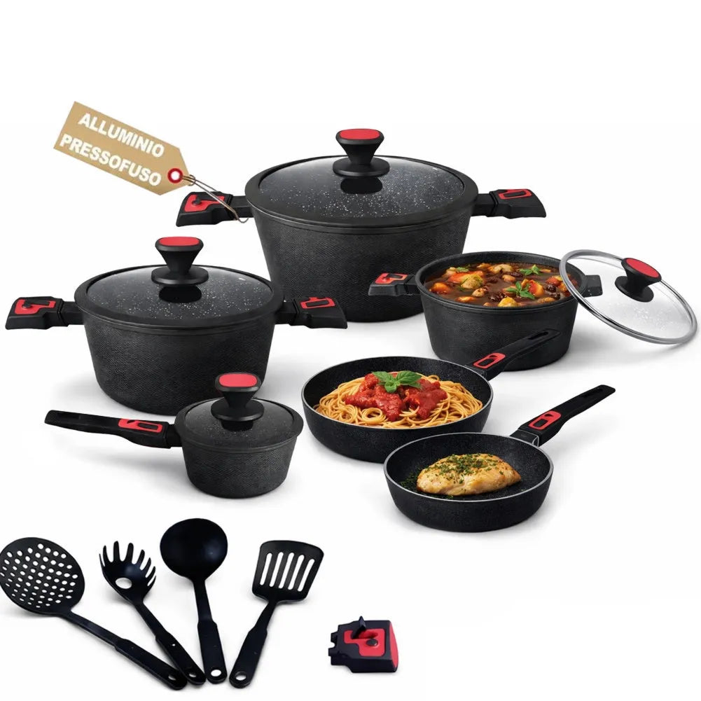 Set pezzi batteria 24 di pentole manici removibili rubino suprem in alluminio pressofuso nero