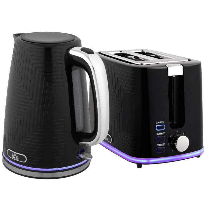 Set bollitore e tostapane termostato otter, per 2 fette, 7 livelli di doratura, vassoio raccoglibriciole, 2200 W, nero