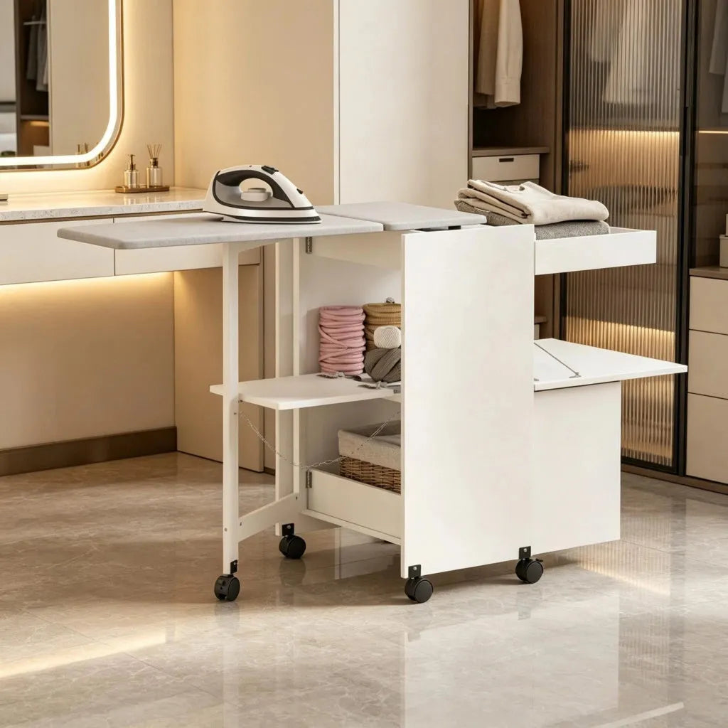 Armadio stiro pieghevole 154x55x87 cm con bianco con ruote