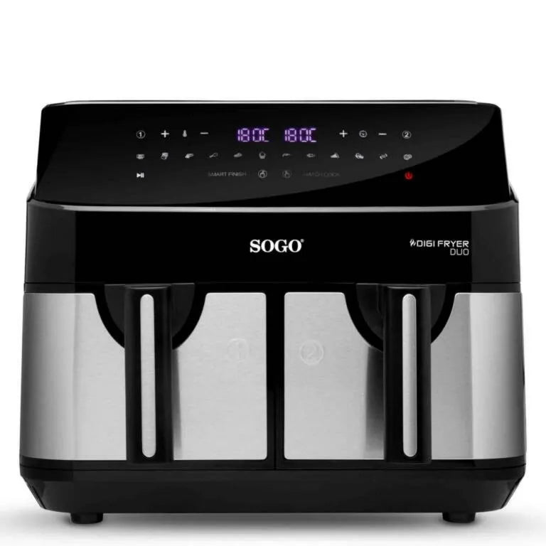 Friggitrice ad aria ad doppia 9L con 2 cestelli indipendenti, 12 programmi e temperatura 200°c 1750 W per cucinare 2 piatti