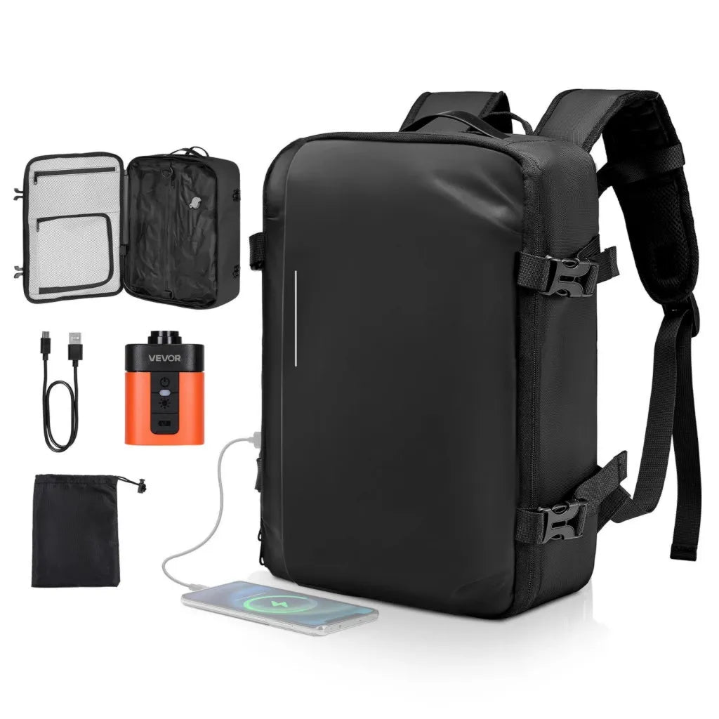 Pompa tasche e scomparti multipli, bagaglio a mano resistente all acqua, portatile, zaino da viaggio sottovuoto nero 35 l con ad aria 21 W