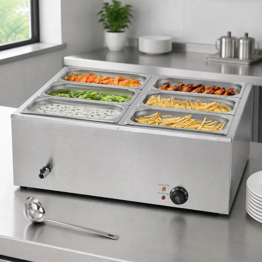 Commercial food warmer x modello X 1/3 SIZE, 6 containers, chafing dishes set for catering, restaurant, party, 1.5 kW electric stainless steel warming