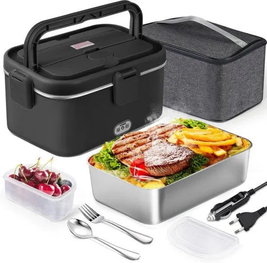 Elektrica portatile grande riscaldatore alimentare con tasca, 1.8L 80 W, 12 V 24 V 220 V, forchetta e cucchiaio in acciaio inossidabile per auto