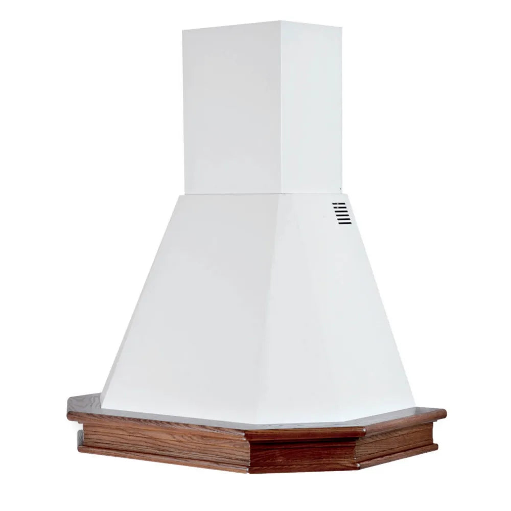 Cappa aspirante da cucina rustica 5 lati in acciaio inossidabile bianco e cornice in legno cm 90