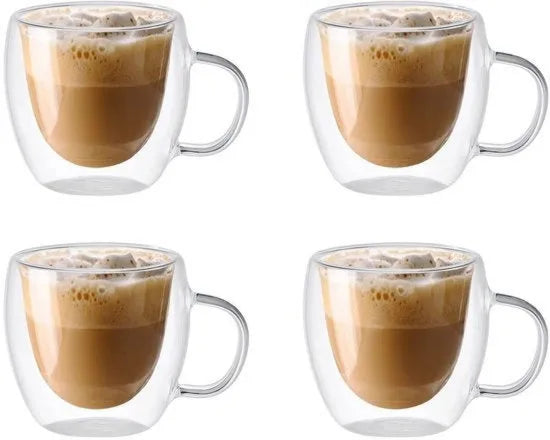 Set 4 tazze a doppio strato in vetro, isolanti, 150 ml, manico, translucido, per caffè e tè