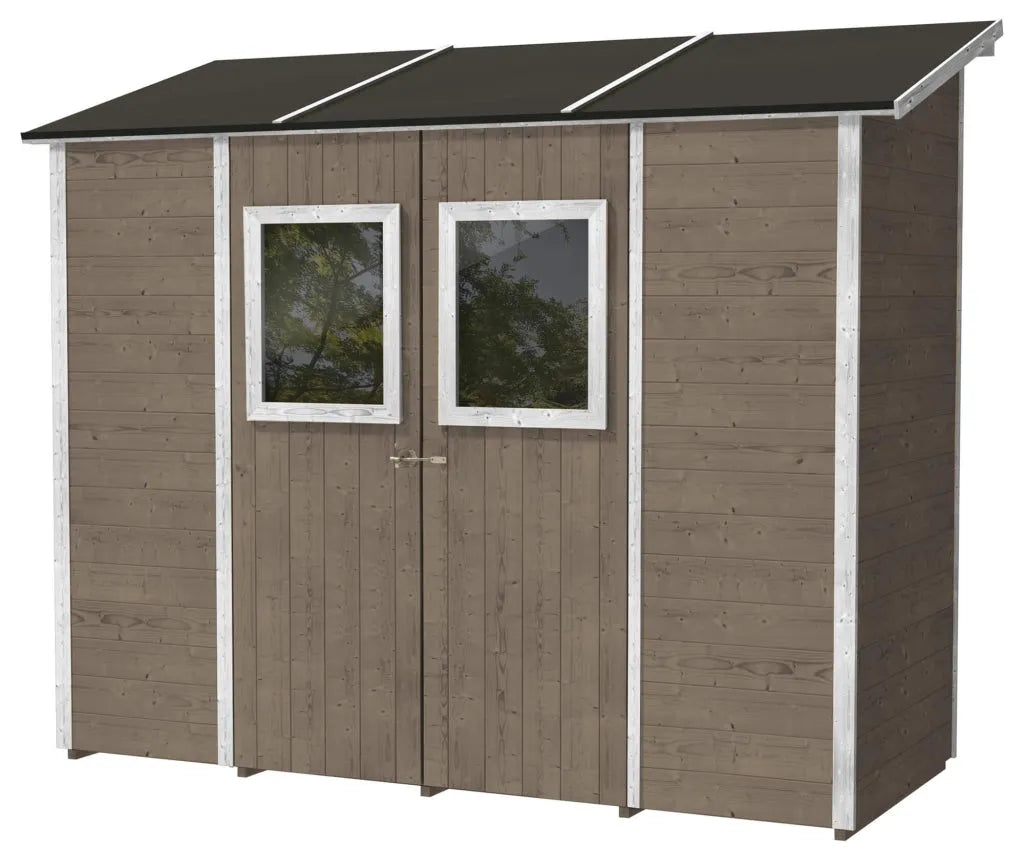 Casette box giardino in legno porta utensili 245x102x224 cm con 2 porte e finestre ecla tortora