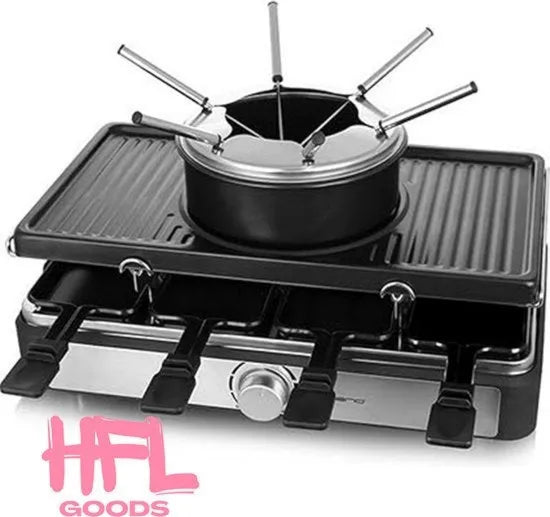 Griglia 3 in 1 per raclette e fondue, set gourmet multifunzione, fondue, fonduta, 8 persone, 1400 W