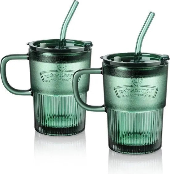 Lavastoviglie set di 2 tazze da drinko in vetro con coperchio, manico per iced coffee e milkshakes, resistenti al, birra, succo, smoothie specifica